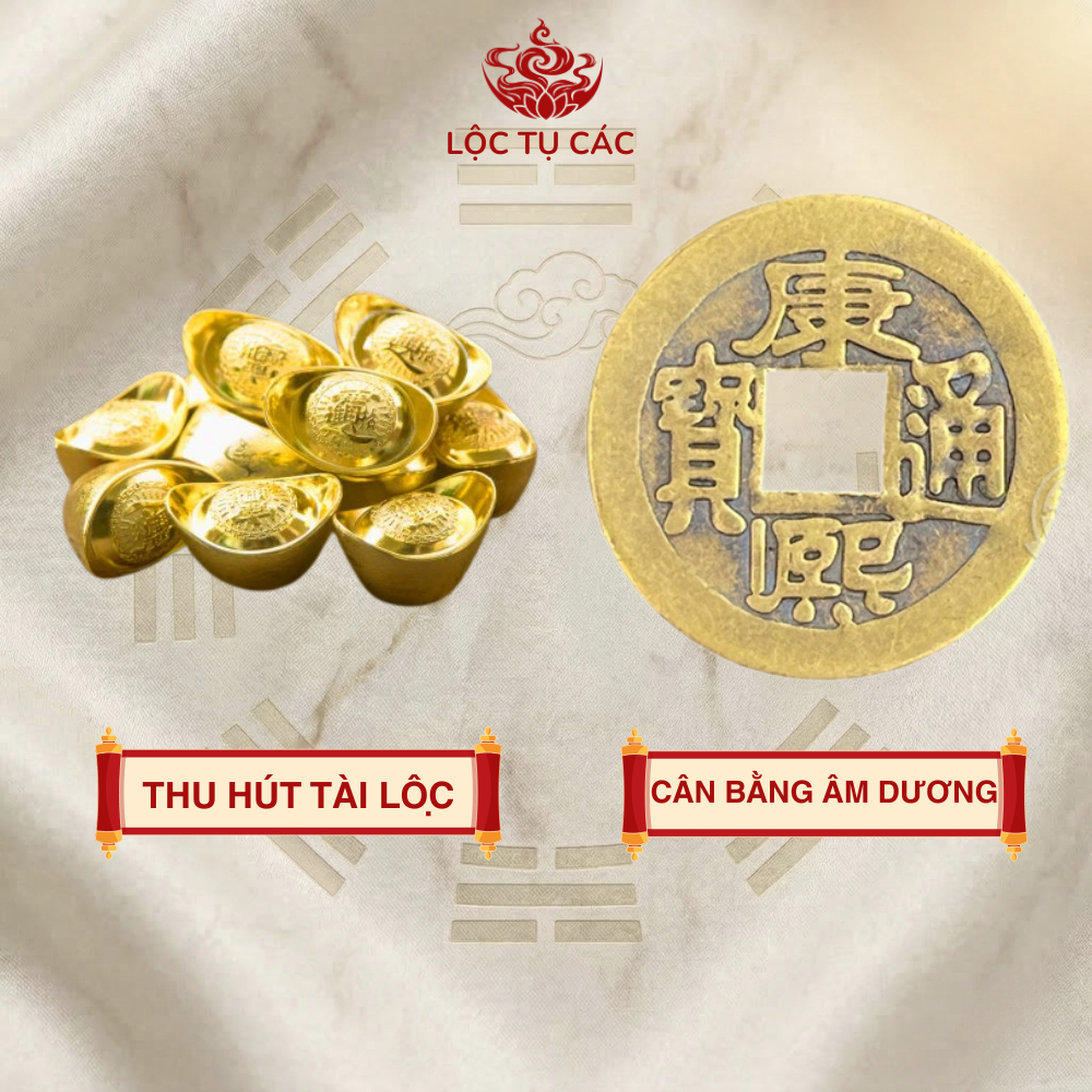 Vật phẩm, bộ ngũ lộc 6 món - Túi nhung, vàng thỏi, xu Âm Dương, lá thanh quế, tờ ngũ phúc, chỉ đỏ ( MẸO CÔ PHƯƠNG HẰNG )