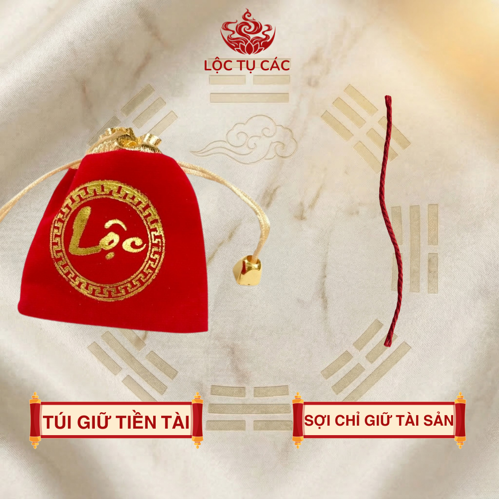 Vật phẩm, bộ ngũ lộc 6 món - Túi nhung, vàng thỏi, xu Âm Dương, lá thanh quế, tờ ngũ phúc, chỉ đỏ ( MẸO CÔ PHƯƠNG HẰNG )