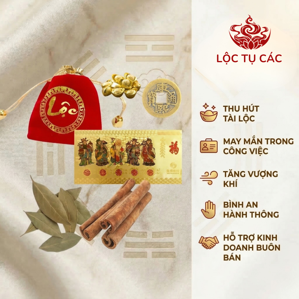 Vật phẩm, bộ ngũ lộc 6 món - Túi nhung, vàng thỏi, xu Âm Dương, lá thanh quế, tờ ngũ phúc, chỉ đỏ ( MẸO CÔ PHƯƠNG HẰNG )