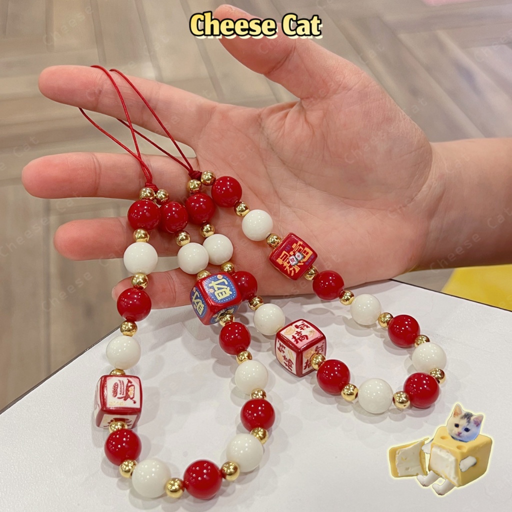 Dây chuyền may mắn trang trí màu đỏ năm mới Dây buộc điện thoại chống thất lạc Dây buộc mèo hoạt hình dễ thương