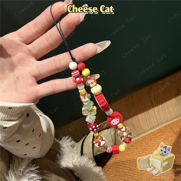 Kitty Dây chuyền điện thoại di động tình yêu kẻ sọc đỏ Apple dây chuyền dễ thương dây máy ảnh mặt dây chuyền chuỗi hạt