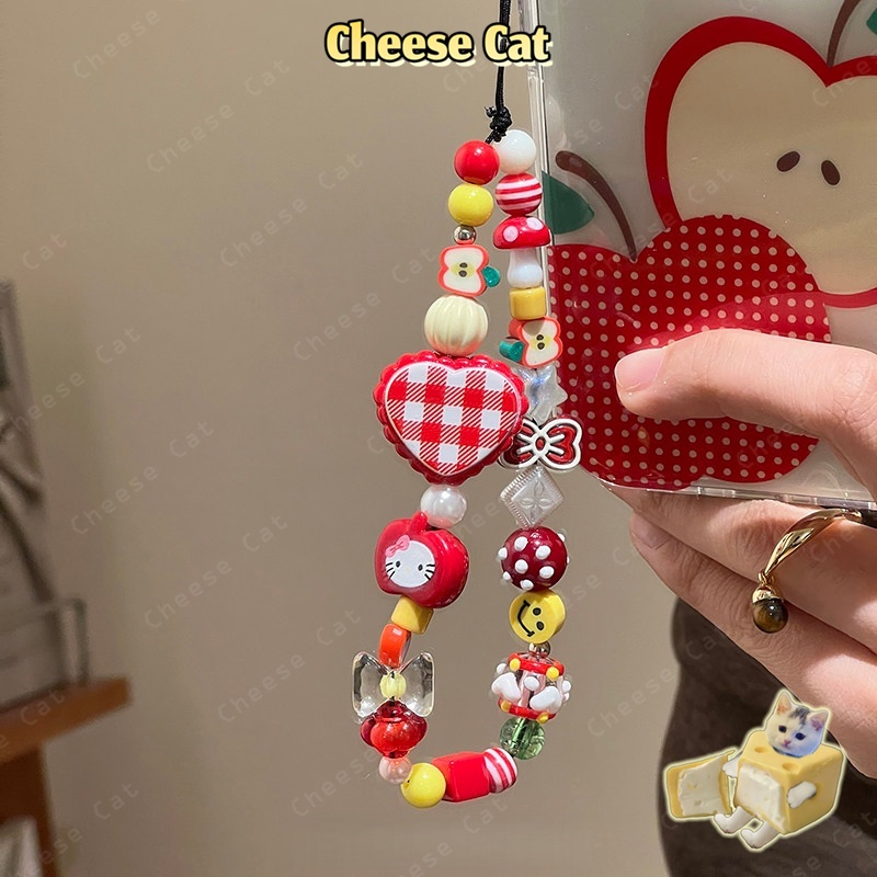 Kitty Dây chuyền điện thoại di động tình yêu kẻ sọc đỏ Apple dây chuyền dễ thương dây máy ảnh mặt dây chuyền chuỗi hạt