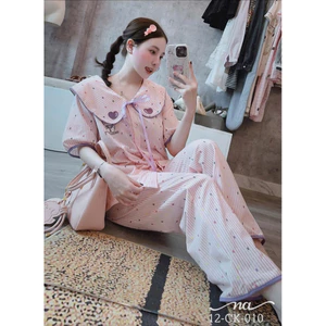 Bộ ngủ pyjama kitty cổ sen kẻ hồng chấm bi