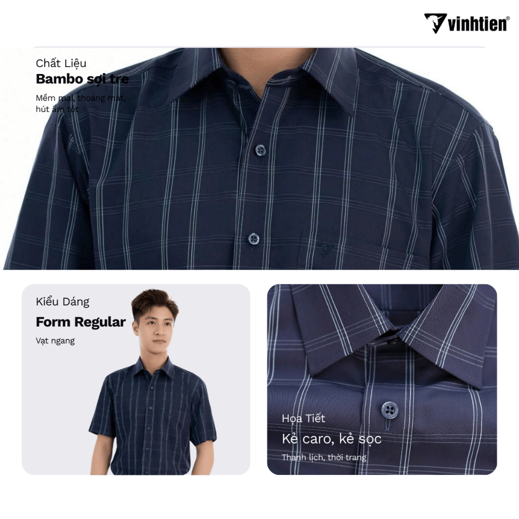 Áo Sơ Mi Nam Ngắn Tay Caro Vải Bamboo  Vạt Ngang Form Regular Vĩnh Tiến 445 - Giỏ 2