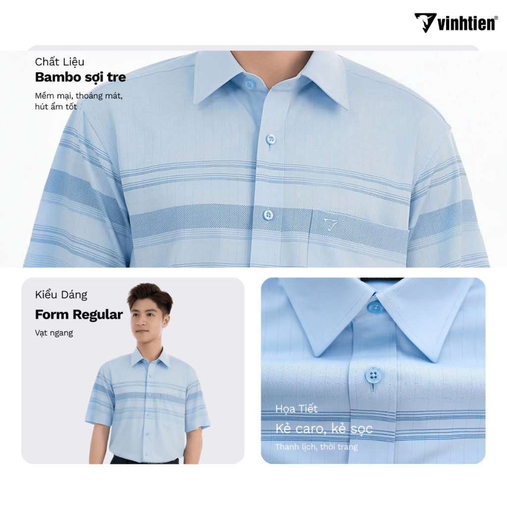 Áo Sơ Mi Nam Ngắn Tay Caro Vải Bamboo  Vạt Ngang Form Regular Vĩnh Tiến 445 - Giỏ 1