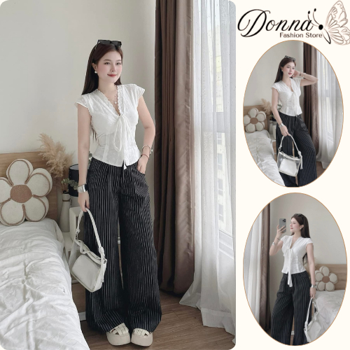 Set đồ nữ, đồ bộ nữ DONNA HCOM26385 áo tay hến cổ V viền bèo mix quần suông kẻ sọc trẻ trung