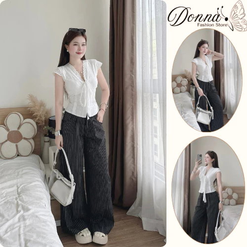 Set đồ nữ, đồ bộ nữ DONNA HCOM26385 áo tay hến cổ V viền bèo mix quần suông kẻ sọc trẻ trung