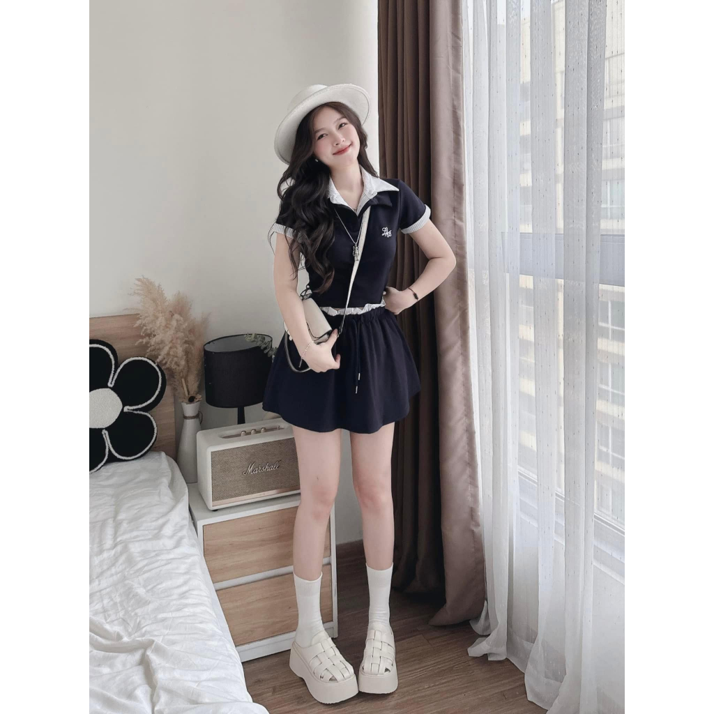 Set Đồ Nữ Áo Polo Phối Chân Váy Xòe Ngắn – Outfit Thể Thao Ulzzang Năng Động Trẻ Trung DONNA HCOM25618