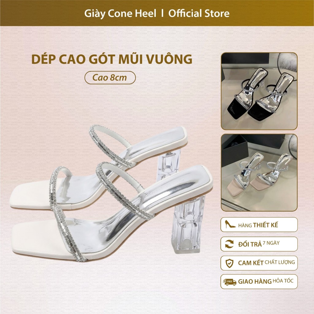 Dép Cao Gót Mũi Vuông Cone Heel – Gót Mika Pháp Cao 8cm, Thiết Kế Hai Quai Dây Xoàn Đá Siêu Sang