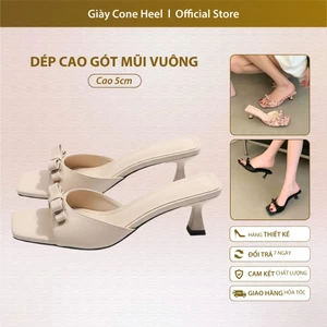 Dép Cao Gót Mũi Vuông 5cm Đính Nơ Họa Tiết Hoa Nhí Cone Heel – Phong Cách Hàn Quốc Sang Trọng