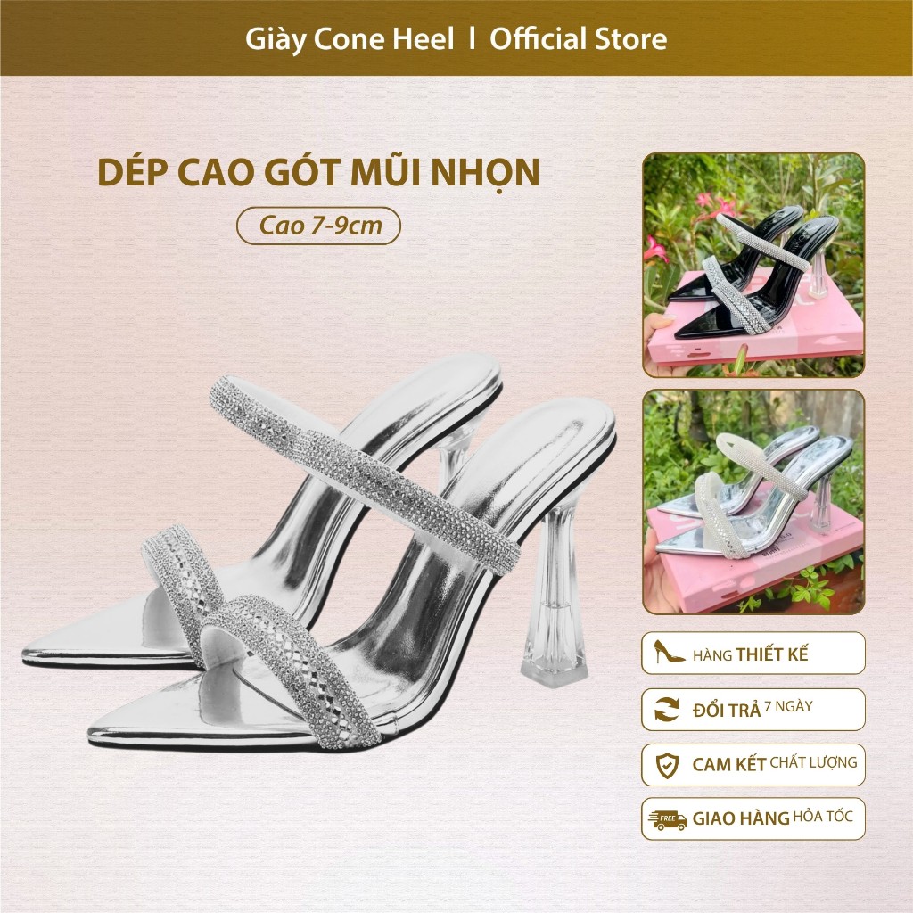 Dép Cao Gót Mũi Nhọn 7cm/ 9cm Cone Heel - Thiết Kế Quai Đá Lấp Lánh Sang Trọng, Gót Trụ Mika Cao Cấp