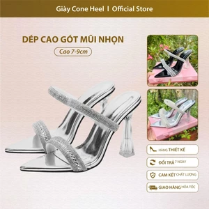 Dép Cao Gót Mũi Nhọn 7cm/ 9cm Cone Heel - Thiết Kế Quai Đá Lấp Lánh Sang Trọng, Gót Trụ Mika Cao Cấp