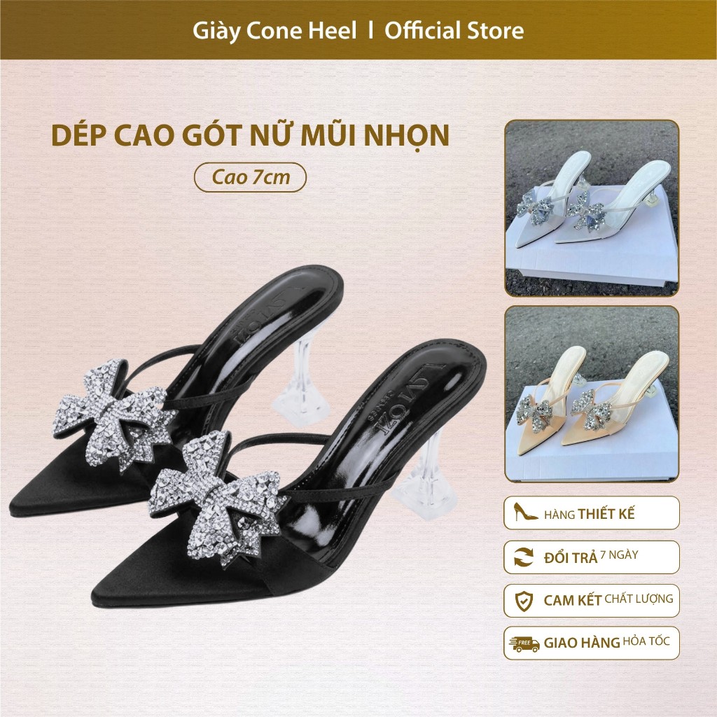 Dép Cao Gót Nữ Mũi Nhọn Quai Nơ Đá Pha Lê Cone Heel – Chất Da Vải Lụa Êm Chân, Gót Ly 7cm