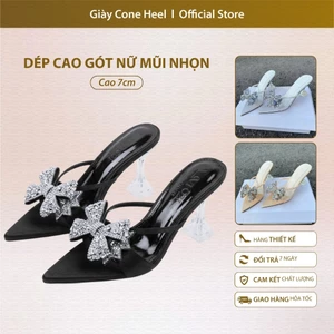 Dép Cao Gót Nữ Mũi Nhọn Quai Nơ Đá Pha Lê Cone Heel – Chất Da Vải Lụa Êm Chân, Gót Ly 7cm