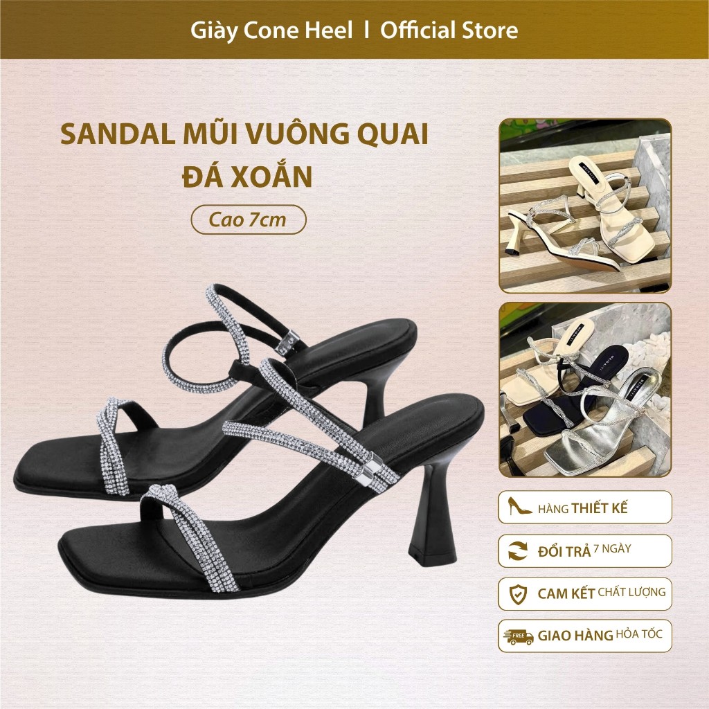 Sandal Mũi Vuông Quai Đá Xoắn Cone Heel – Dép Gót Trụ Cao 7cm, Thiết Kế Thanh Lịch, Êm Chân