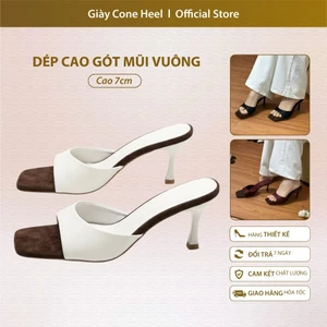Dép Cao Gót Mũi Vuông 7cm Cone Heel – Thiết Kế Quai Bản Mềm Phối Màu Cực Xinh Thanh Lịch Tôn Dáng