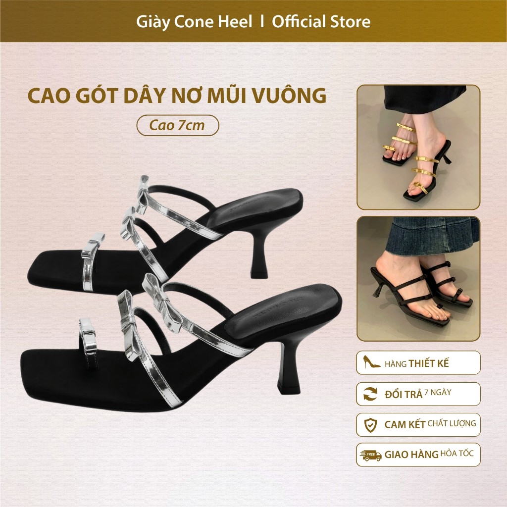 Dép Cao Gót Dây Nơ Mũi Vuông 7cm – Sandal Cao Gót Nữ Thiết Kế Kiểu Pháp Sang Trọng, Thanh Lịch