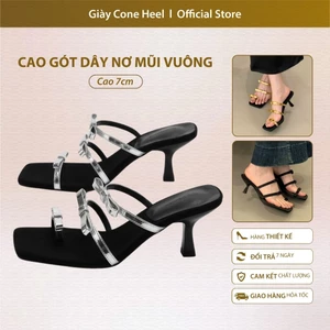 Dép Cao Gót Dây Nơ Mũi Vuông 7cm – Sandal Cao Gót Nữ Thiết Kế Kiểu Pháp Sang Trọng, Thanh Lịch