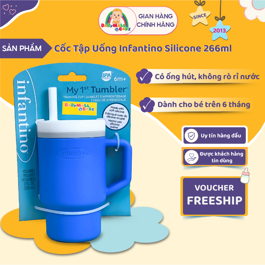 Cốc Tập Uống Infantino Silicone 266ml Có Ống Hút Chống Rò Rỉ Nước Cho Bé 6M+|  Babymall & Care