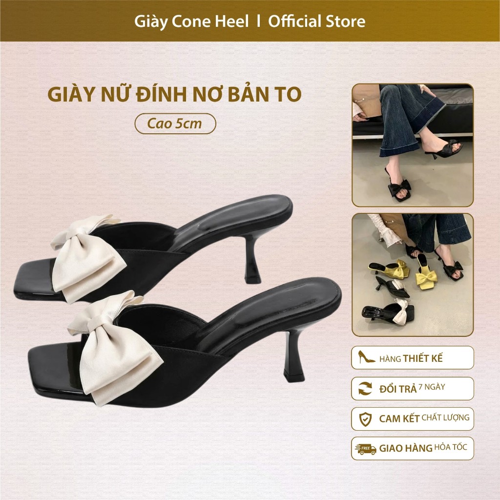 Dép Cao Gót Mũi Vuông 5cm Cone Heel – Giày Nữ Đính Nơ Bản To Phong Cách Hàn Quốc Sang Trọng