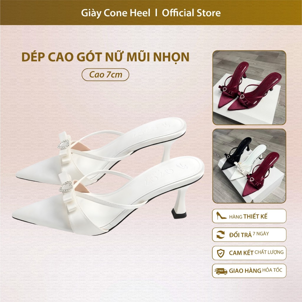 Dép Cao Gót Nữ Mũi Nhọn 5cm Đính Nơ Trái Tim Cone Heel – Quai Bản Vải Lụa Sang Trọng, Thanh Lịch