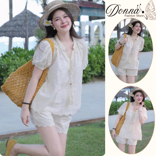 Set Đồ Nữ Trắng Kem Áo Ren Phối Quần Short – Đồ Bộ Nữ Đi Biển Du Lịch Nhẹ Nhàng Tiểu Thư DONNA HCOM26256