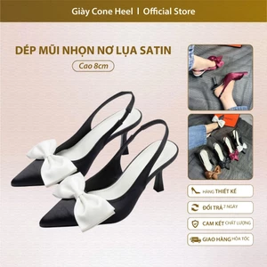 Dép Cao Gót Nữ 8cm Mũi Nhọn Nơ Lụa Satin Cone Heel – Thiết Kế Thanh Lịch, Tôn Dáng Sang Trọng