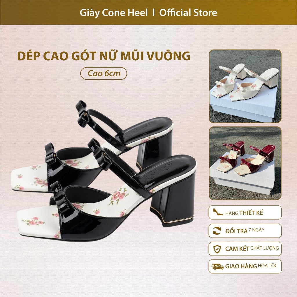 Dép Cao Gót Nữ Mũi Vuông Quai Da Bóng Đính Nơ Cone Heel – Gót Vuông 6cm Thanh Lịch, Dễ Phối Đồ