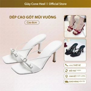Dép Cao Gót Nữ 8cm Mũi Vuông Cone Heel – Thiết Kế Sang Trọng, Quai Bảng Nơ Trái Tim Vải Lụa Tôn Dáng