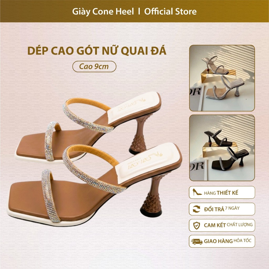 Dép Cao Gót Nữ Quai Đá 9cm Cone Heel – Hàng Thiết Kế, Mũi Vuông, Gót Kiểu Pháp Sang Trọng Tôn Dáng