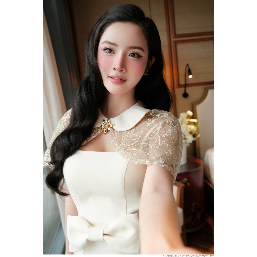 Váy Thiết Kế - Váy 2 Dây TuyếT Mưa Nơ Bụng Chân Váy Dáng A Phối Choàng Ren Kim Sa ( Kèm Tag Hoa )