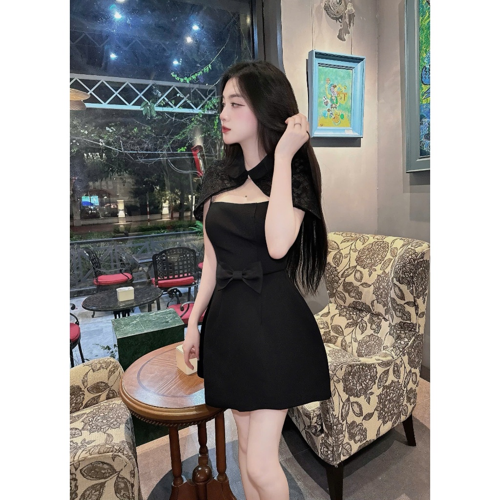 Váy Thiết Kế - Váy 2 Dây TuyếT Mưa Nơ Bụng Chân Váy Dáng A Phối Choàng Ren Kim Sa ( Kèm Tag Hoa )