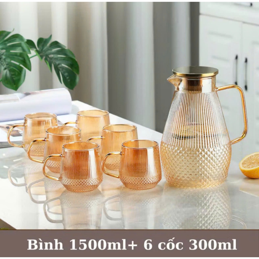 [Taca] Bộ Bình Cốc Thủy Tinh Cao Cấp Sang Trọng Dung Tích 1500ml và 16 cốc có quai 250ml