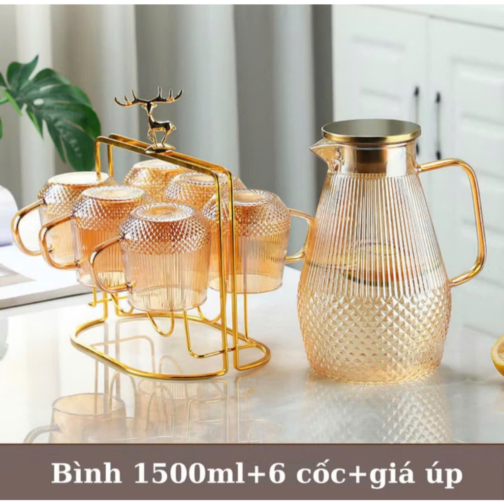 [Taca] Bộ Bình Cốc Thủy Tinh Cao Cấp Sang Trọng Dung Tích 1500ml và 16 cốc có quai 250ml