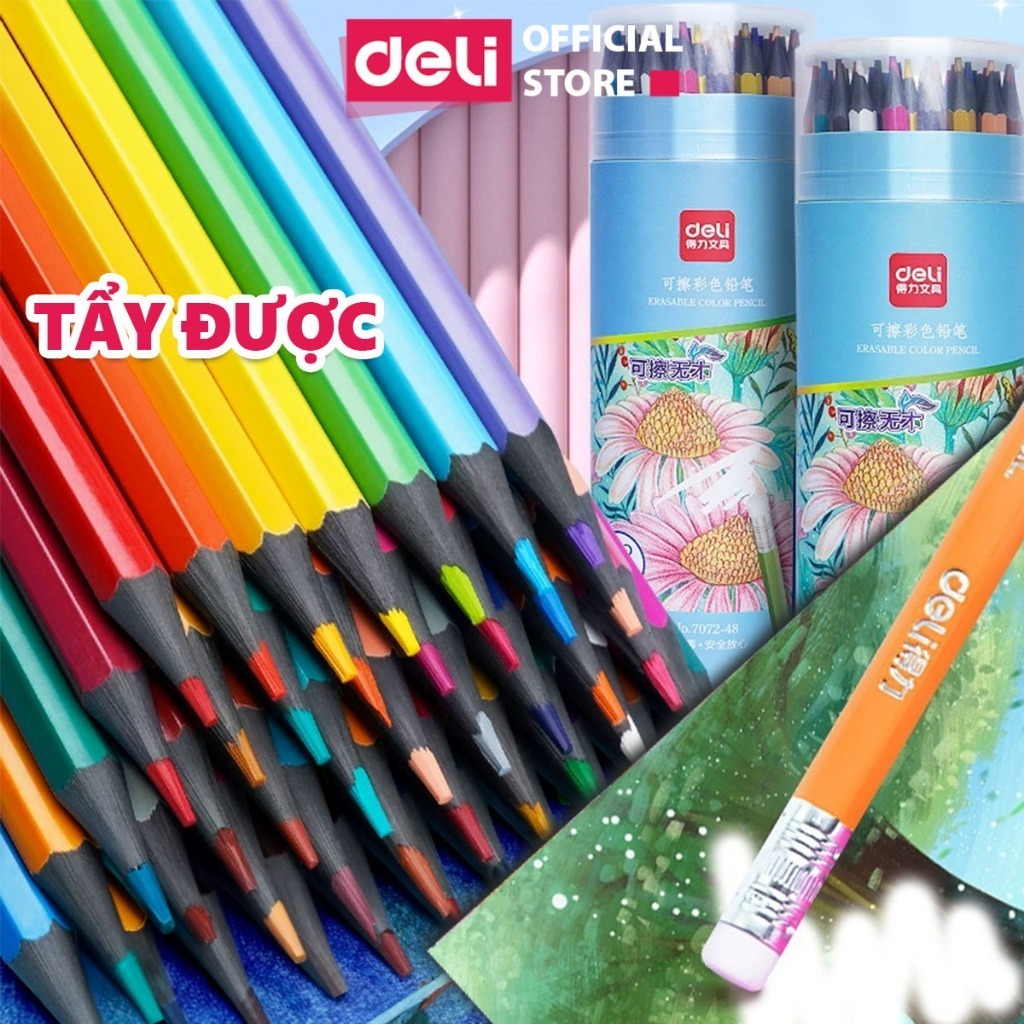 [MỚI - TẨY ĐƯỢC] Bút Chì Màu Xóa Được Dạng Cốc/Lon Deli - Màu Chì Học Sinh Chì Đen Cao Cấp Lõi Chì Dày Màu Sắc Tươi