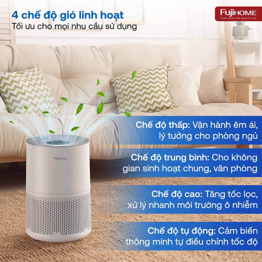 Máy lọc không khí nhỏ gọn thông minh HEPA H13 Nhập Khẩu FUJIHOME AP5COMPACT, máy lọc bụi khử mùi tốt