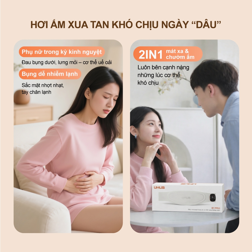 Đai Massage Chườm Ấm bụng kinh UHUB B1 Pro, xung kép EMS TENS, Định Hình Eo, Lưng,Bụng, 8 chế độ,19 mức lực linh hoạt | BigBuy360 - bigbuy360.vn