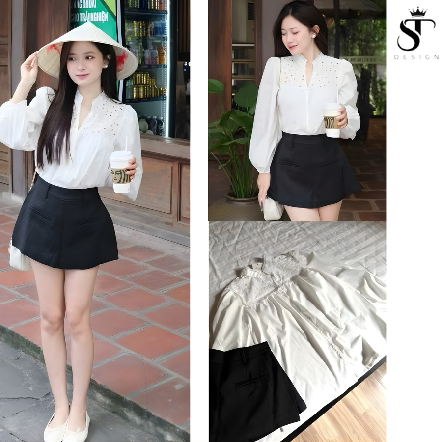Áo sơ mi Thô Hàn phối ren cổ cách điệu sang chảnh tiểu thư - ST Design - 63