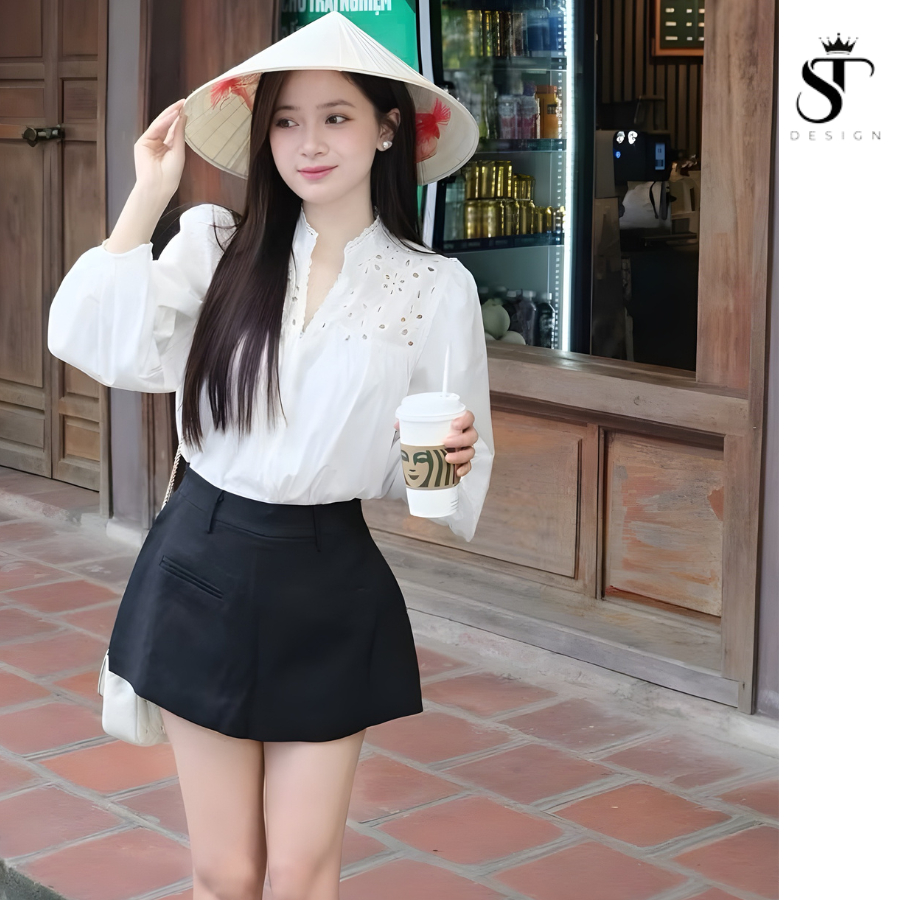 Áo sơ mi Thô Hàn phối ren cổ cách điệu sang chảnh tiểu thư - ST Design - 63
