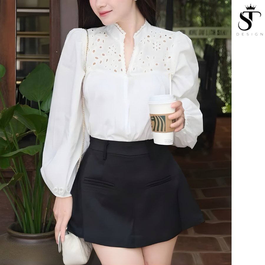 Áo sơ mi Thô Hàn phối ren cổ cách điệu sang chảnh tiểu thư - ST Design - 63
