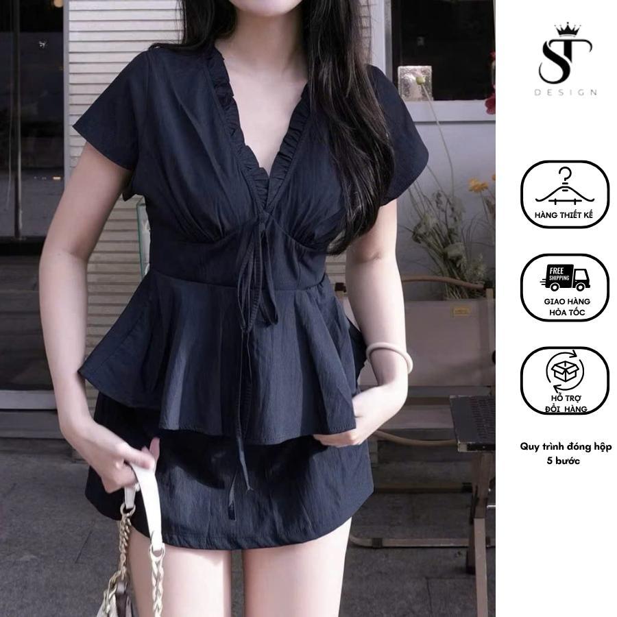 Set áo kiểu cổ tim phối ren nhún bèo + chân váy dáng A chất thô cotton - ST Design - 61