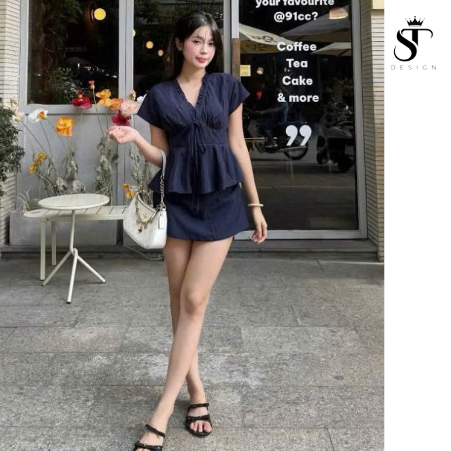 Set áo kiểu cổ tim phối ren nhún bèo + chân váy dáng A chất thô cotton - ST Design - 61