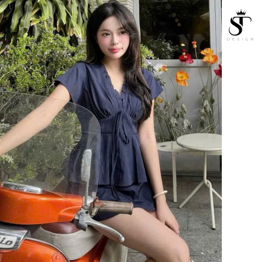Set áo kiểu cổ tim phối ren nhún bèo + chân váy dáng A chất thô cotton - ST Design - 61