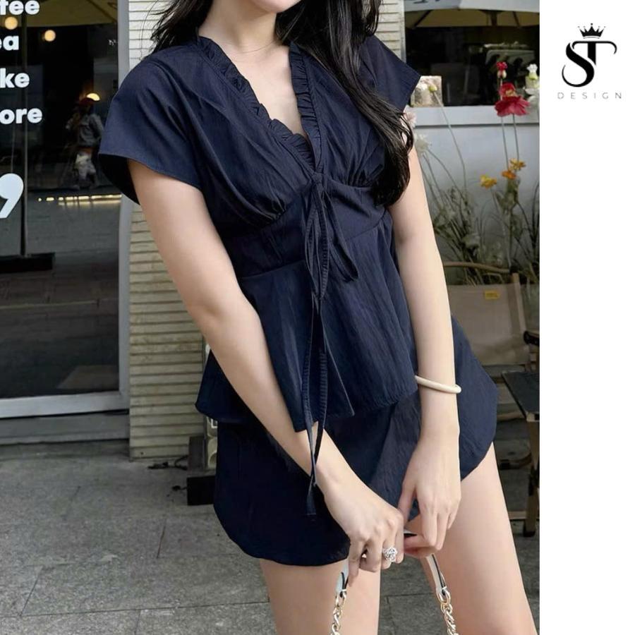 Set áo kiểu cổ tim phối ren nhún bèo + chân váy dáng A chất thô cotton - ST Design - 61
