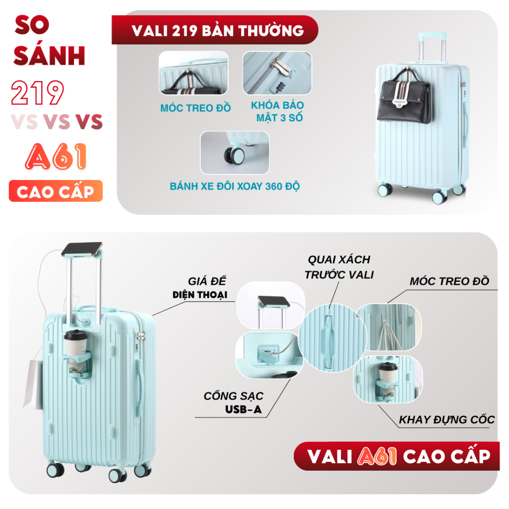 Vali Nhựa Dẻo Khóa Kéo Kingsun A61/219 Size 20/24/28 Chất Liệu Nhựa ABS+PC  siêu đẹp thời trang