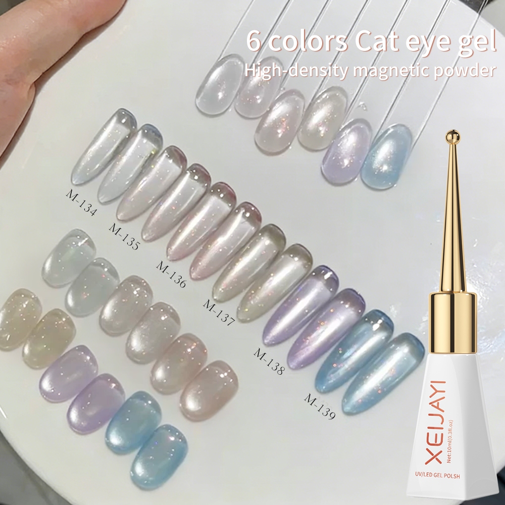XEIJAYI 10ml - Sơn móng tay dạng gel mắt mèo màu xanh nhạt mới, bộ 6 màu, thích hợp sử dụng tại salon nail.