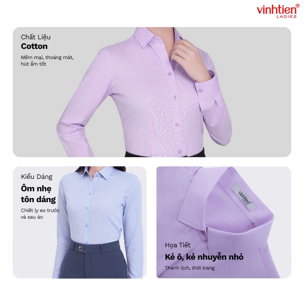 Áo Sơ Mi Nữ Dài Tay Vĩnh Tiến Ladies, Chất Liệu Cotton, Họa Tiết Kẻ Ô In Chìm - GTB 495
