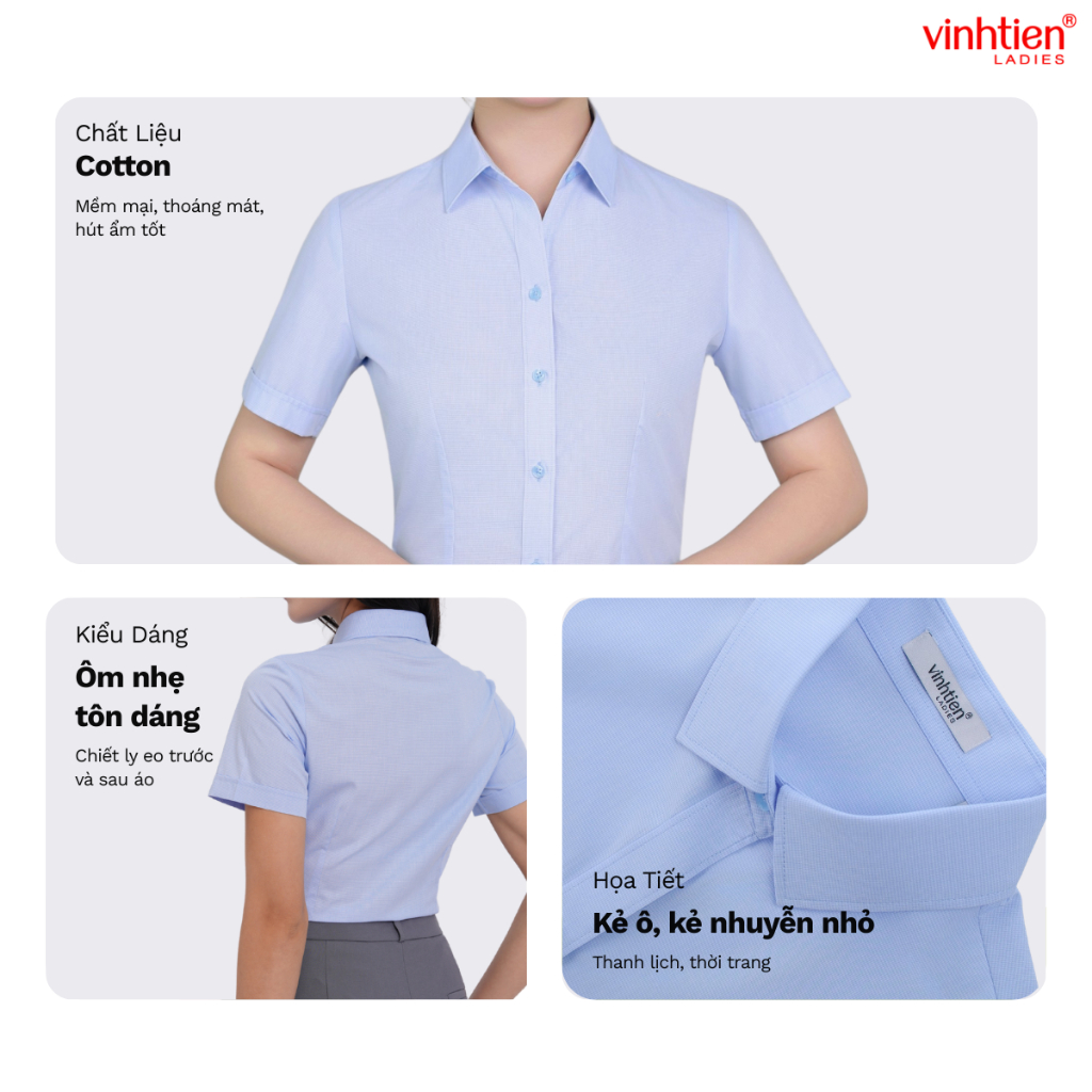 Áo Sơ Mi Nữ Ngắn Tay Vĩnh Tiến Ladies, Chất Liệu Cotton, Hoạ Tiết Caro - GTB 419