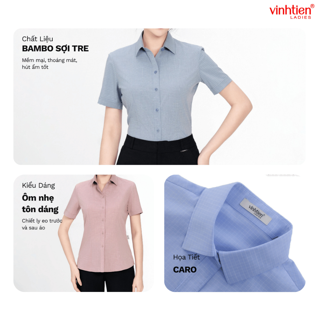 Áo Sơ Mi Nữ Ngắn Tay Công Sở Vĩnh Tiến Ladies, Chất Liệu Bamboo, Họa Tiết Kẻ Ô Vuông - GTB 495
