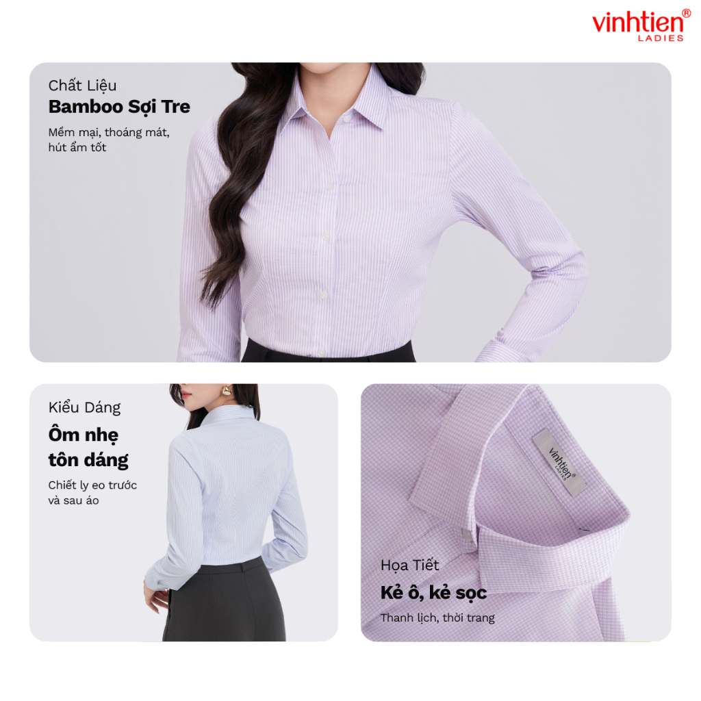 Áo Sơ Mi Dài Tay Vĩnh Tiến Ladies Chất Liệu Bamboo Mềm Mại, Mặc Thoáng Mát, Họa Tiết Kẻ  - GTB 575